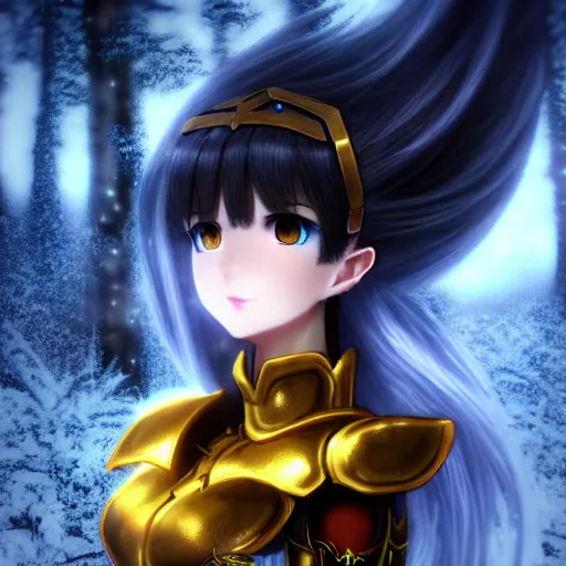 Image similar to focus face portrait of beautiful darkness knight 3D anime girl, golden armor wearing, dark forest background, snowing, bokeh, inspired by Masami Kurumada, digital painting, high contrast, unreal engine render, volumetric lighting, high détail