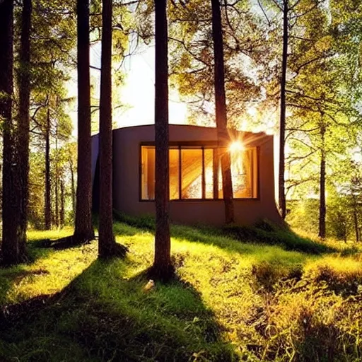 Image similar to house shaped like tree, photoreal, golden hour, sunlight, swedish forest, beautiful!!!!!!!!!