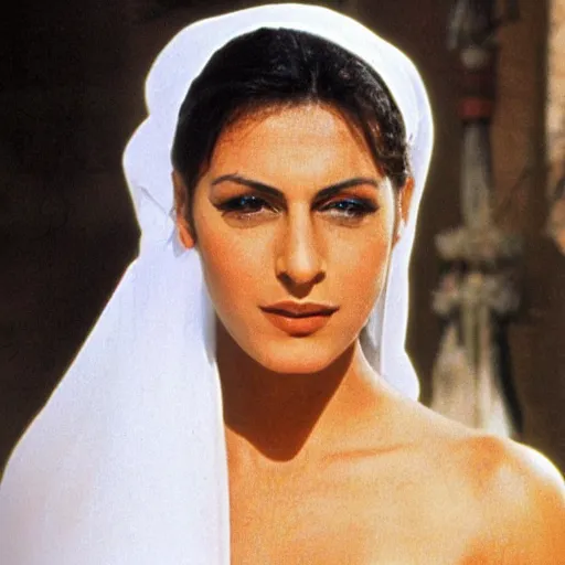 Prompt: young Monica Belluci as an Arab woman, tanned skintone, bright blue eyes, white veil, portrait