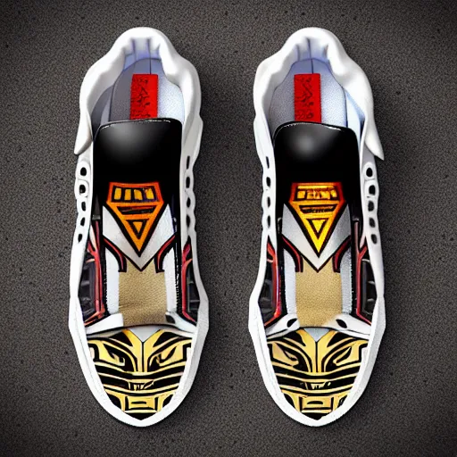 Image similar to realistic scultpure of sneaker! design, sneaker design overwatch fantasy style mixed with aztec mayan native street fashion, focus on sneakers only, shoes designed by akira toriyama and studio ghibli