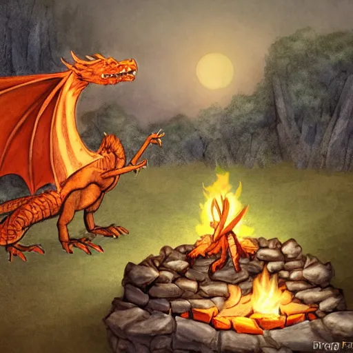 Image similar to wingless dragon telling a story around a campfire, in the style of brian froud