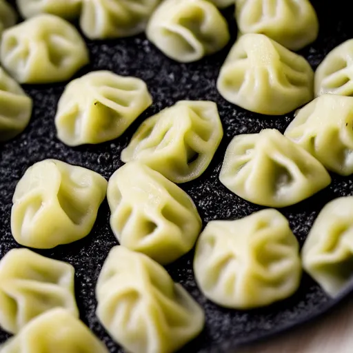 Image similar to a 5 0 mm macro shot of hot dumplings with dill, gooey, depth of field, high resolution