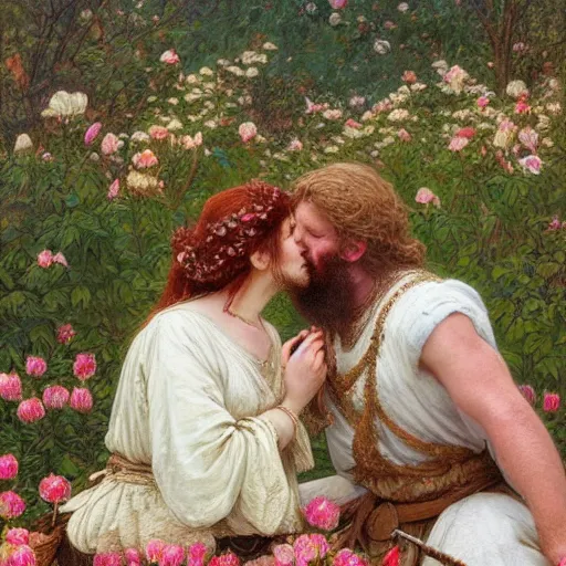 Image similar to a white skinned red bearded viking and a beautiful brown skinned indian princess kiss in a field of peonies, masterpiece, highly detailed, oil on canvas, art by rebecca guay