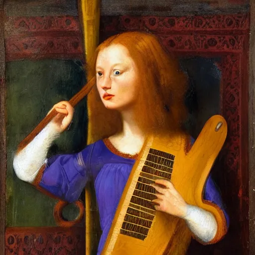 Image similar to cat with lute, medieval portrait, colorful, medium shot