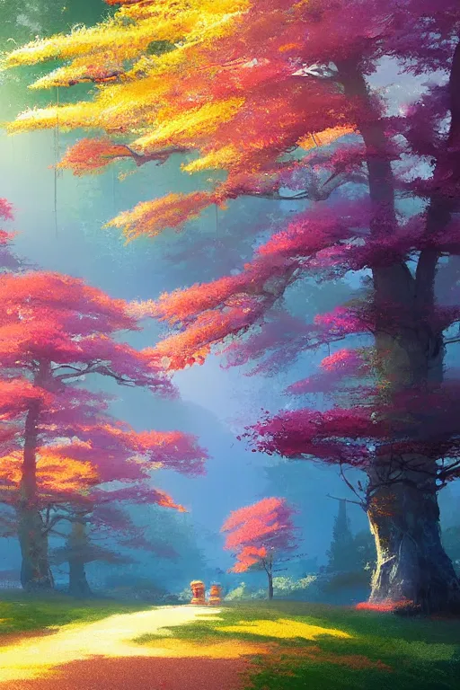 Image similar to Japanese Torii in a colorful moutain with COLORFUL trees ,morning , by studio ghibli painting, superior quality, masterpiece, by Grzegorz Rutkowski, concept art