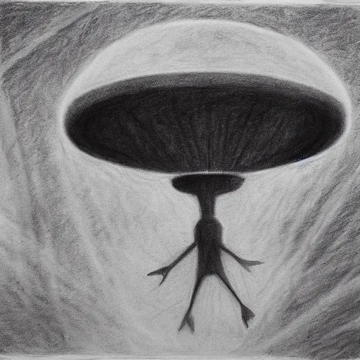 Image similar to Dimension Shift, UFO, reversal of roles, charcoal on paper