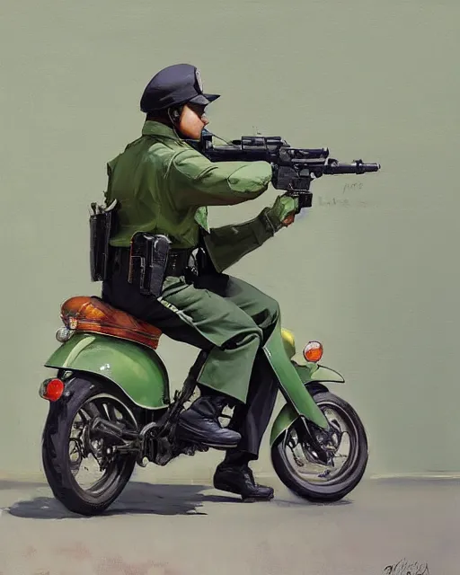 Prompt: greg manchess portrait painting of asian police green uniform, sitting on moped motorbike, medium shot, asymmetrical, profile picture, organic painting, sunny day, matte painting, bold shapes, hard edges, street art, trending on artstation, by huang guangjian and ail elvgren and sachin teng