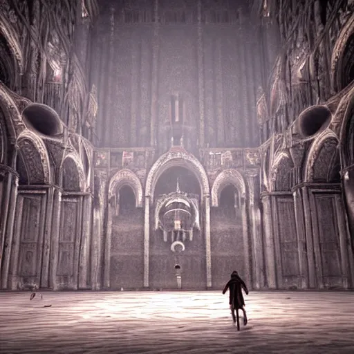 Image similar to the grand halls of anor londo, marble floors, art by kotaro chiba, volumetric lighting, epic composition