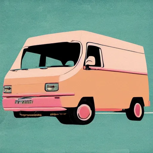 Image similar to retro painting illustration of a volswagen van, 2 d, pastel color, retro style art, trendy on artstation