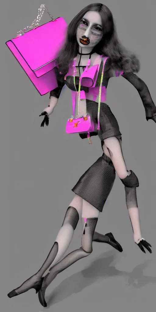 Prompt: rtx deprecated 3d glitched malice doll carrying a pink fashion bag in a street city psx rendered early 90s net art n64