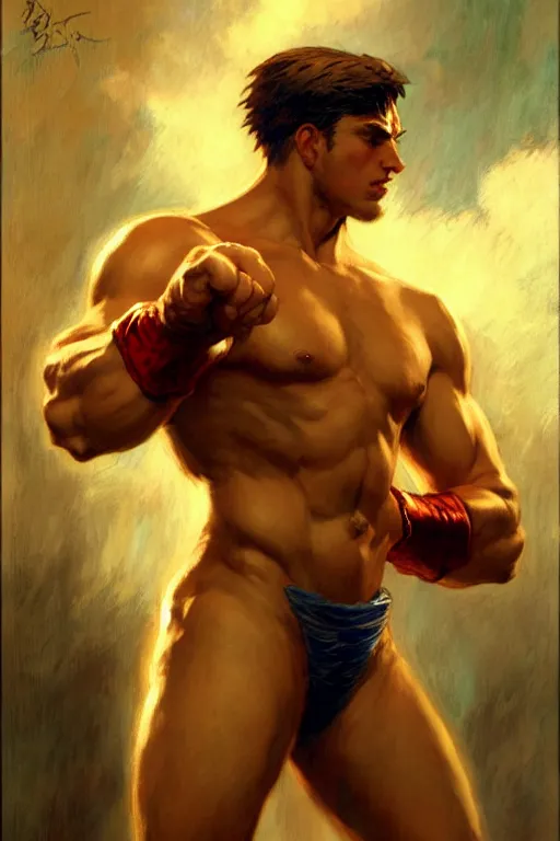 Prompt: street fighter, attractive male, character design, dynamic lighting, cool and bright tint, painting by gaston bussiere, craig mullins, j. c. leyendecker, tom of finland