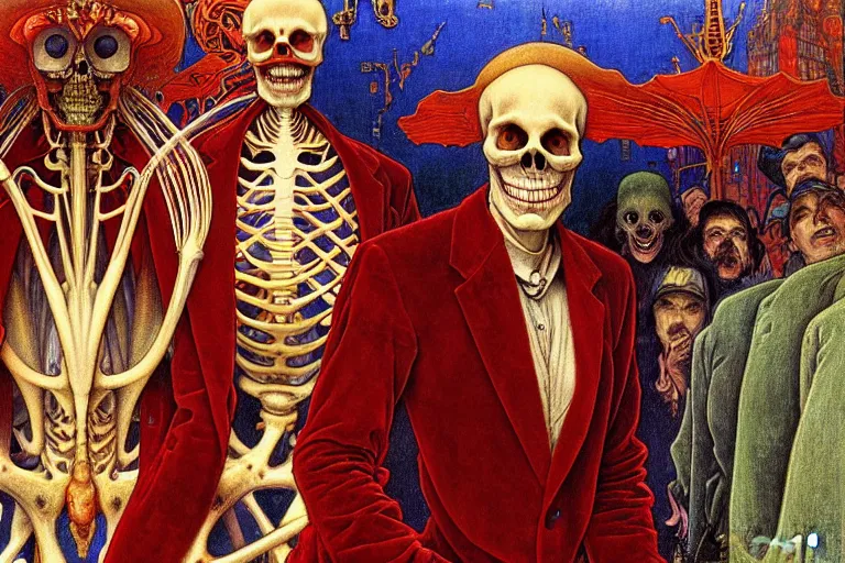 Image similar to realistic detailed closeup portrait painting of a single skeleton wearing red velvet blazer in a crowded futuristic moscow street by Jean Delville, Amano, Yves Tanguy, Alphonse Mucha, Ernst Haeckel, Edward Robert Hughes, Roger Dean, rich moody colours, blue eyes