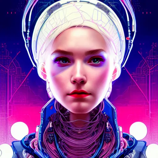 Image similar to high quality, high detailed portrait of a snow queen cyberpunk character in a futuristic world, tristan eaton, victo ngai, artgerm, rhads, ross draws, hyperrealism, intricate detailed, cables, wires, connectors, led. alphonse mucha, pastel colors, vintage, artstation, vector. 8 k