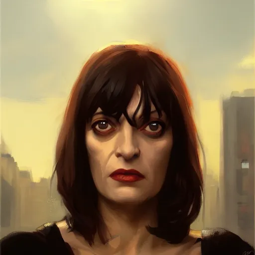 Image similar to a closeup portrait of mia wallace, dramatic light, city background, sunset, high contrast, sharp, painted by stanley lau, painted by greg rutkowski, painted by stanley artgerm, digital art, trending on artstation