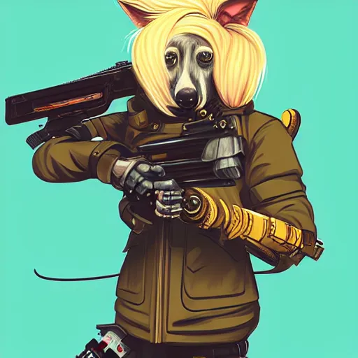 Image similar to a portrait of an anthropomorphic cyberpunk blond terrier! holding a shotgun, fantasy, elegant, digital painting, artstation, concept art, matte, sharp focus, illustration, art by josan gonzalez