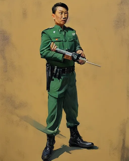 Prompt: greg manchess portrait painting of asian police green uniform, sitting on moped motorbike, medium shot, asymmetrical, profile picture, organic painting, sunny day, matte painting, bold shapes, hard edges, street art, trending on artstation, by huang guangjian and ail elvgren and sachin teng