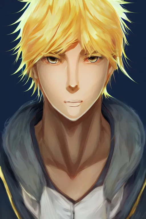 Image similar to golden glowing luminescent male anime character, blonde hair, rich eyes, symmetrical, highly detailed, digital art, sharp focus, trending on art station, afro hair, electricity everywhere