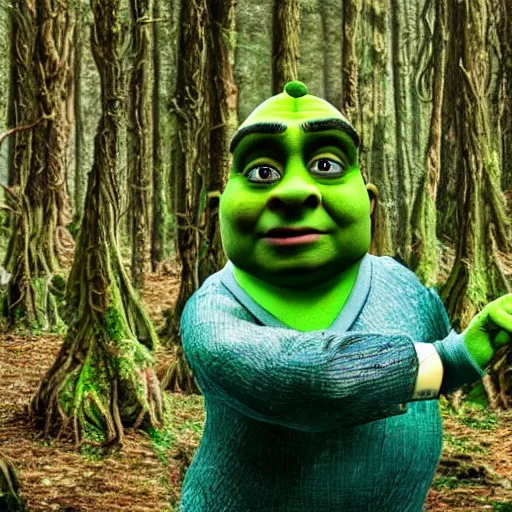 Image similar to very very very very highly detailed, epic, central composition, photo of Mr Bean as Shrek in the forest, intricate, happy colors, extremely detailed, hyper realistic award winning Shrek photography