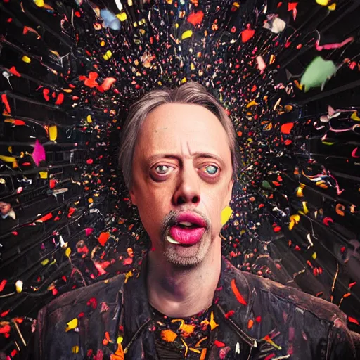 Image similar to hyperrealistic mixed media high resolution painting of a Steve Buscemi exploding into confetti, stunning 3d render inspired art by István Sándorfi and Greg Rutkowski and Unreal Engine, perfect symmetry, dim volumetric lighting, 8k octane beautifully detailed render, post-processing, extremely hyper-detailed, intricate, epic composition, highly detailed attributes, highly detailed atmosphere, cinematic lighting, masterpiece, trending on artstation, very very detailed, masterpiece, stunning, flawless structure, lifelike texture, perfection,