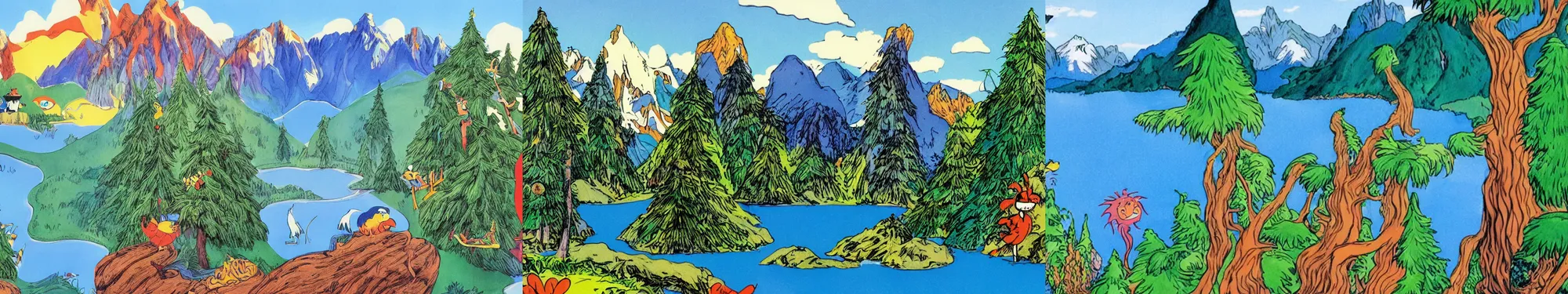 Prompt: mountains, trees, and lake, by theodor seuss geisel, dr. seuss