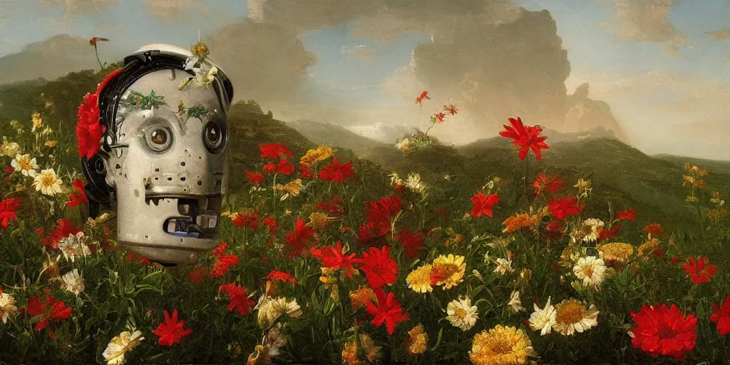 Image similar to a wide angle painting by Thomas Cole of a robot head with flowers growing out, highly detailed, masterpiece