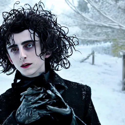 Image similar to high-quality photo of timothée chalamet as Edward scissorhands in a haunting snowy garden