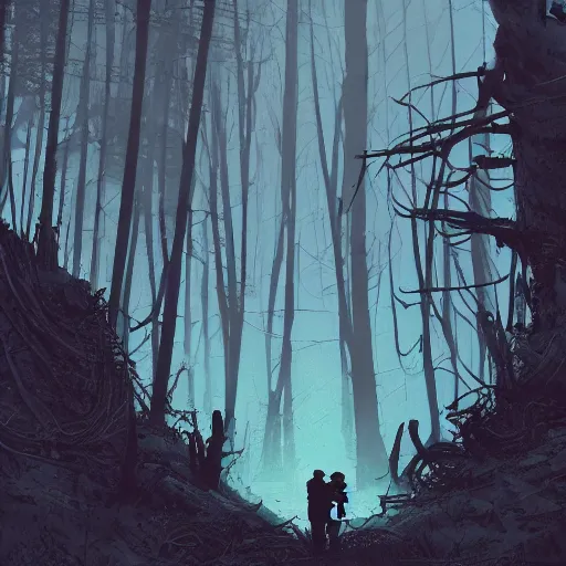 Prompt: in the style of max prentis and deathburger and laurie greasley a silhouette of two young explorers wearing cyberpunk headpieces standing on a giant abandoned robot head in the middle of an enchanting forest, long shot, wide angle, highly detailed, 8k wallpaper