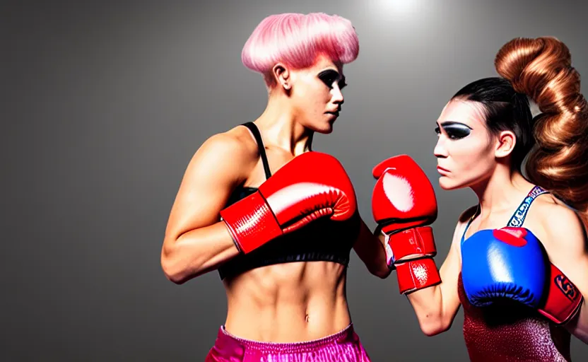 Image similar to girl boxing with drag queen, no blur, 4 k resolution, ultra detailed