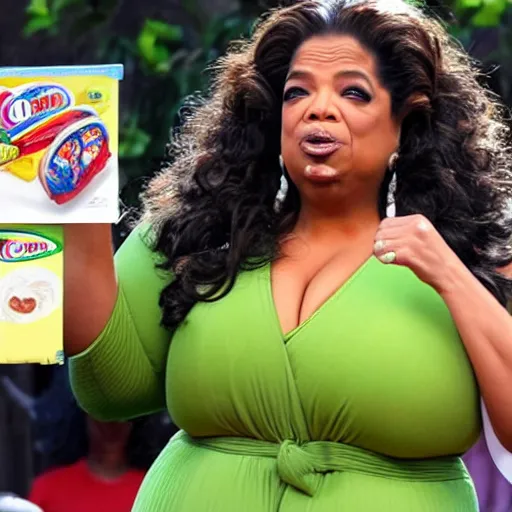 Image similar to obese oprah winfrey eating kinder surprise