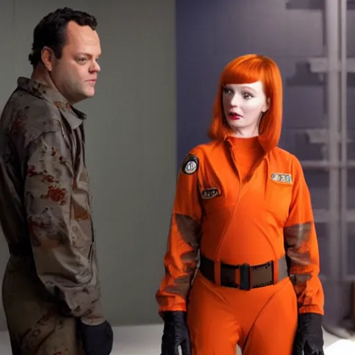 Image similar to vince vaughn as jack fenton, he is wearing an orange coveralls bodysuit with a big sci - fi gun belt, and christina hendricks as maddie fenton, she is wearing a tight teal coveralls bodysuit with a big sci - fi gun belt, movie photo, spooky netflix still shot, they are looking for ghosts