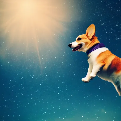 Image similar to corgi attaining [ angelic wings ]!!, [ flying like a superhero ]!! in the [ night sky ]!! where the stars are visibly perceptible, [ realistic photo ]!!, [ 4 k photorealism ]!!, trending on unsplash