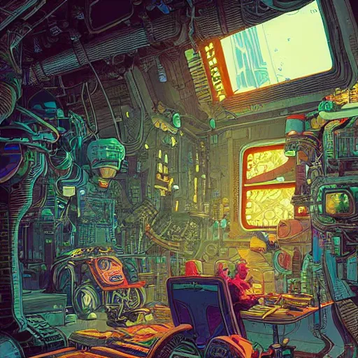 Image similar to Stunningly intricate illustration of an explorer playing video games in his treehouse, wearing cyberpunk headpiece, highly detailed, midnight, by Josan Gonzalez and James Gilleard , Moebius, Laurie Greasley