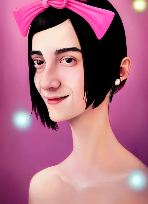 Image similar to portrait of high school girl, realistic, black hair, bangs, half updo hairstyle, pointy nose, skinny, smile, ugly, defined jawline, big chin, pink hair bow, earrings, intricate, elegant, glowing lights, highly detailed, digital painting, artstation, sharp focus, illustration, art by wlop, mars ravelo and greg rutkowski