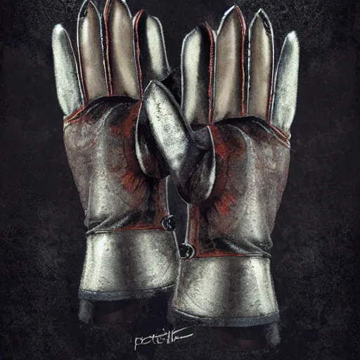 Image similar to gloves with metal claws, old leather gloves with attached talons, pointy fingertips, dark background, highly detailed, 8 k, trending on artstation, mystic, rpg artwork, by peter jackson, by sauron