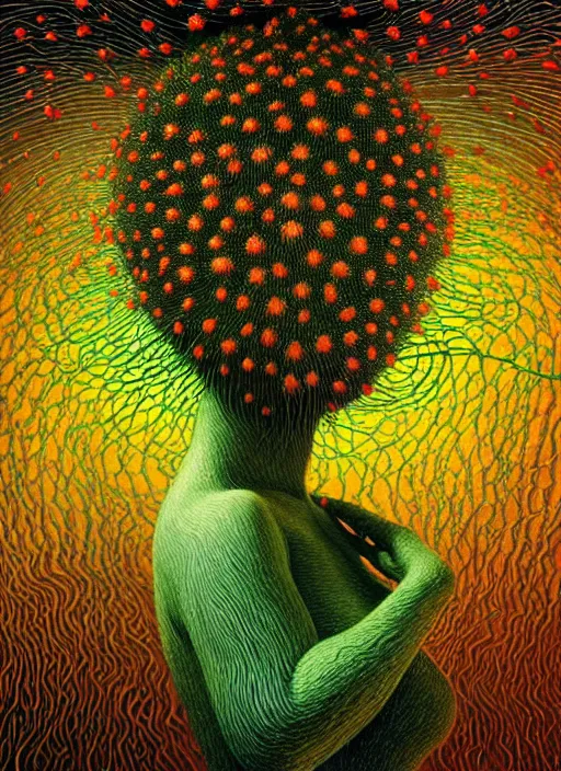 Prompt: hyper detailed 3d render like a Oil painting - Aurora (Singer) Eats of the Strangling network of earthen Fruit and Her delicate Hands hold of gossamer polyp blossoms bring iridescent fungal flowers whose spores black the foolish stars by Jacek Yerka, Mariusz Lewandowski, Houdini algorithmic generative render, Abstract brush strokes, Masterpiece, Edward Hopper and James Gilleard, Zdzislaw Beksinski, Mark Ryden, Wolfgang Lettl, hints of Yayoi Kasuma, octane render, 8k