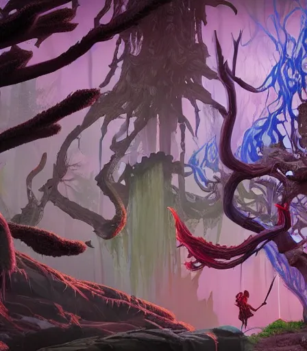 Prompt: The forest of dungeons and dragons by Alex Pardee and Nekro and Petros Afshar, and James McDermott,unstirred paint, vivid color, cgsociety 4K