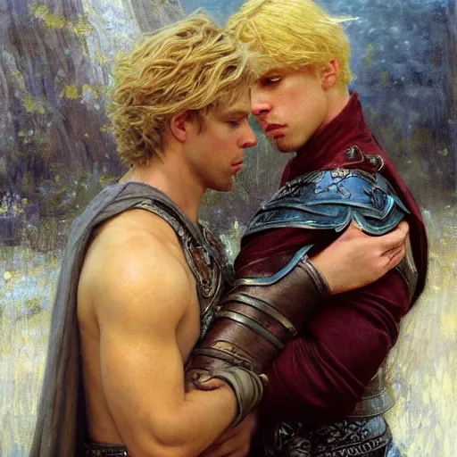 Prompt: attractive male, blond hair, arthur pendragon confesses his love to attractive male, dark hair, merlin. highly detailed painting by gaston bussiere, craig mullins, j. c. leyendecker 8 k