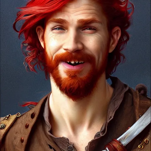 Image similar to portrait of a young ruggedly handsome but joyful pirate with red hair, male, masculine, upper body, red hair, long hair, d & d, fantasy, joyful smirk, intricate, elegant, highly detailed, digital painting, artstation, concept art, matte, sharp focus, illustration, art by artgerm and greg rutkowski and alphonse mucha