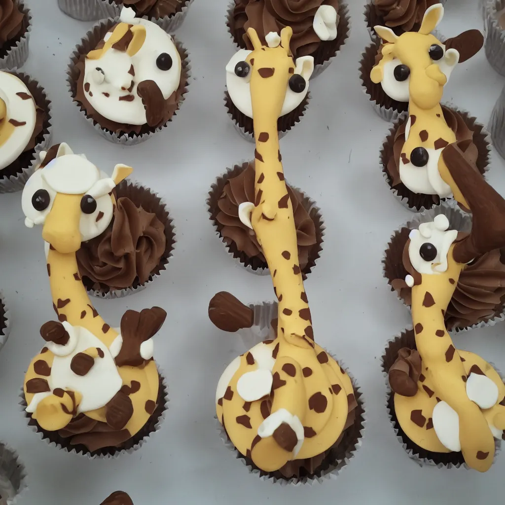 Prompt: two giraffes dressed in suits eating cupcakes