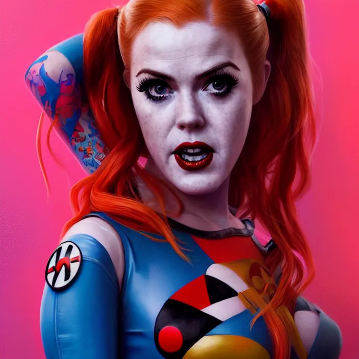 Prompt: portrait of Isla Fisher as harley quinn. intricate abstract. intricate artwork. by Tooth Wu, wlop, beeple, dan mumford. octane render, trending on artstation, greg rutkowski very coherent symmetrical artwork. cinematic, hyper realism, high detail, octane render, 8k, iridescent accents