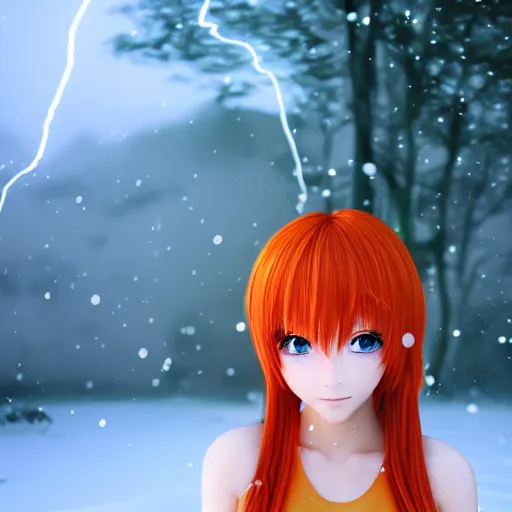 Image similar to render as a very beautiful 3d anime girl, short orange red hair, hazel eyes, full round face, short smile, cute bikini, snowy hills, snowing, cinematic lightning, medium shot, mid-shot, highly detailed, trending on Artstation, Unreal Engine 4k, cinematic wallpaper