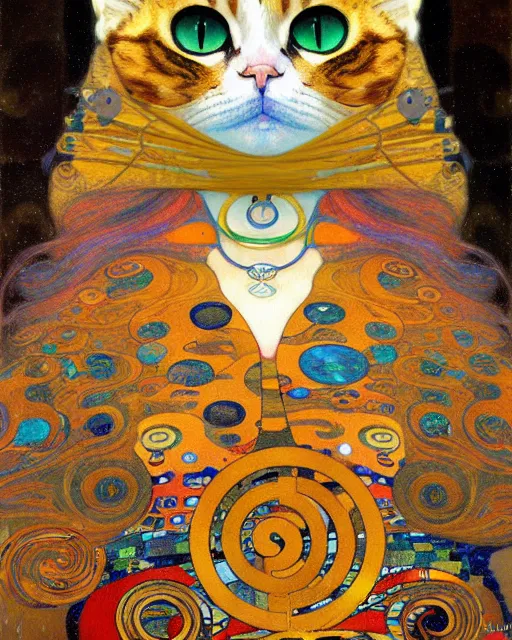 Image similar to cat portrait an oil painting splashes with many colors and shapes by gustav klimt greg rutkowski and alphonse mucha, polycount, generative art, psychedelic, fractalism, glitch art