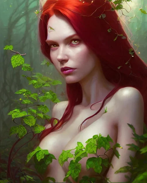 Prompt: portrait of poison ivy, unreal engine, fantasy art by greg rutkowski, loish, rhads, ferdinand knab, makoto shinkai and lois van baarle, ilya kuvshinov, rossdraws, tom bagshaw, global illumination, fan art, radiant light, detailed and intricate environment