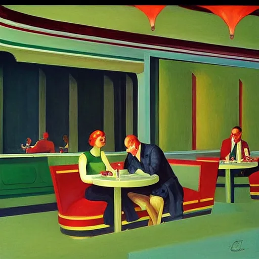 Prompt: green people at red art deco restaurant, open ceiling, highly detailed, painted by Edward Hopper, painted by James Gilleard, surrealism, airbrush