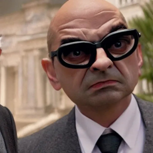 Image similar to Confused Rowan Atkinson as an MiB agent looking at a bizzare alien in the new Men in Black movie