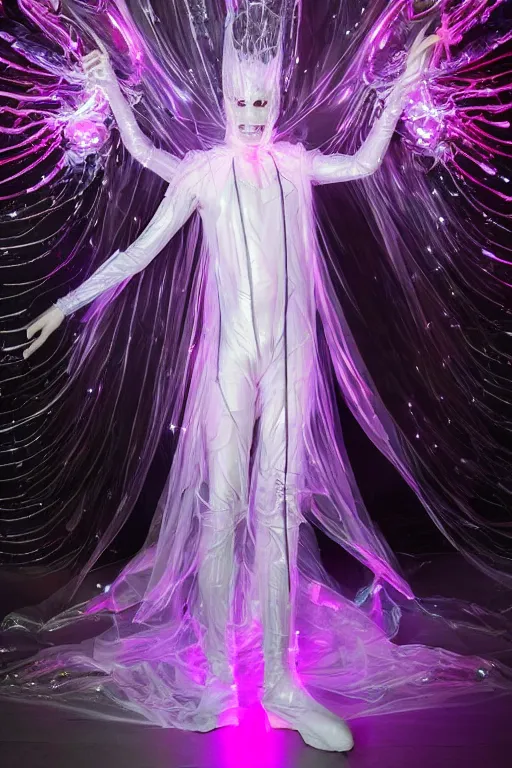 Image similar to full-body rococo and cyberpunk delicate crystalline sculpture of a muscular iridescent slender man as a humanoid deity wearing a thin see-through plastic hooded cloak sim roupa, posing like a superhero, glowing pink face, crown of white lasers, large diamonds, swirling black silk fabric. futuristic elements. oozing glowing liquid, full-length view. space robots. human skulls. throne made of bones, intricate artwork by caravaggio. Trending on artstation, octane render, cinematic lighting from the right, hyper realism, octane render, 8k, depth of field, 3D