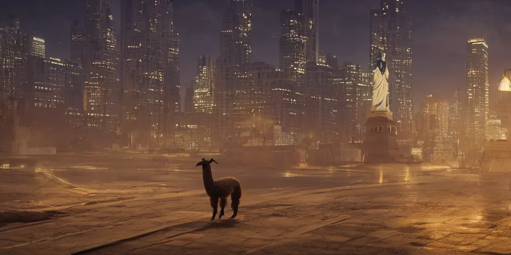 Image similar to a llama walking through a desolate city street at night, statue of liberty seen in the background, realistic 4 k octane beautifully detailed render, 4 k post - processing, highly detailed, intricate complexity, epic composition, magical atmosphere, cinematic lighting, masterpiece, ultra hd