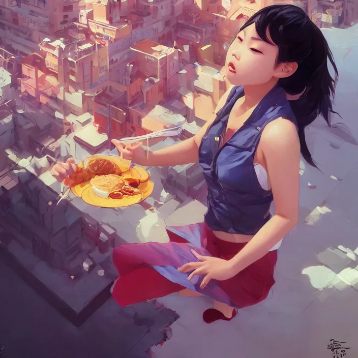 Image similar to asian girl eating a ritz cracker by artgerm, tooth wu, dan mumford, beeple, wlop, rossdraws, james jean, marc simonetti, artstation giuseppe dangelico pino and michael garmash and rob rey and greg manchess and huang guangjian and makoto shinkai