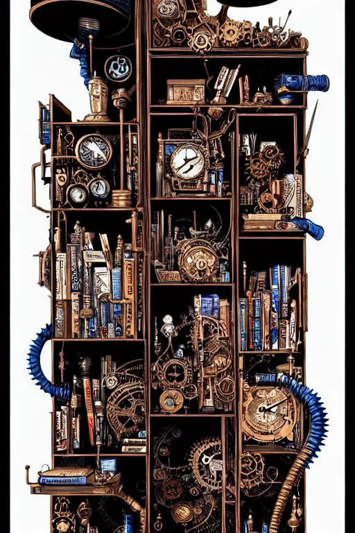 Image similar to a majestic steampunk alchemists bookshelf, two point perspective, furniture, high details, bold line art, by vincent di fate and joe fenton, inking, etching, screen print, masterpiece, trending on artstation, sharp, high contrast, hyper - detailed,, hd, 4 k, 8 k