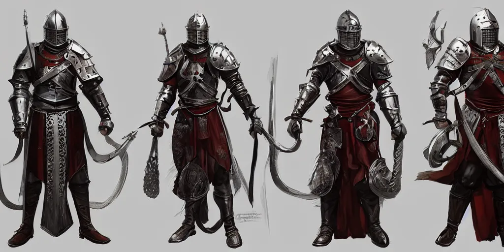 Prompt: different views of medieval knights, concept art by senior character artist, trending on artstation, full body character design, hyperdetailed render